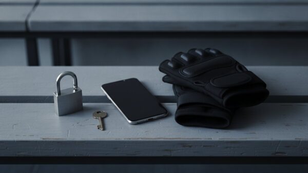 Geöffnetes Vorhängeschloss, Schlüssel, Smartphone und Trainingshandschuhe auf einer Umkleidebank