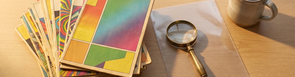 Fix und Foxi: alte bunte Comichefte mit Lupe auf dem Schreibtisch