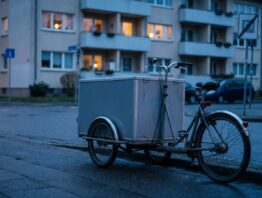 Lieferfahrrad mit neutraler grauer Transportbox am Bordstein einer Wohnstraße in der Abenddämmerung