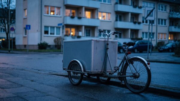 flink datenleck bild 1 Lieferfahrrad mit neutraler grauer Transportbox am Bordstein einer Wohnstraße in der Abenddämmerung