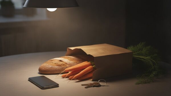 flink datenleck bild 2 Umgedrehtes Smartphone neben einer EinkaufstĂĽte mit Brot und Karotten auf einem KĂĽchentisch am Abend