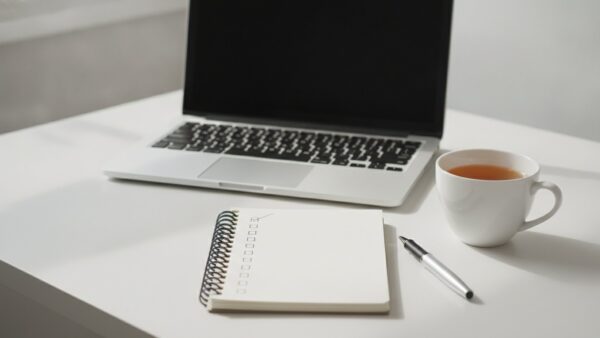 flink datenleck bild 3 Laptop von hinten, Notizblock mit leerer Checkliste, Kugelschreiber und Teetasse auf einem hellen Schreibtisch
