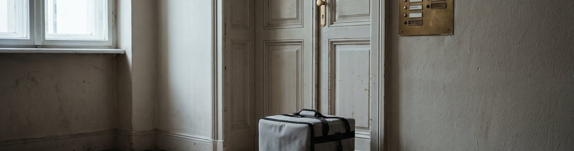 Graue Liefertasche vor einer Wohnungstür im Altbau-Treppenhaus neben einem unbeschrifteten Klingelbrett