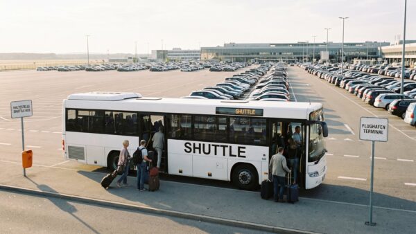 flughafen parken guenstig bild 2 Shuttlebus an einem Park-and-Ride-Parkplatz am Flughafen mit Reisenden und Koffern
