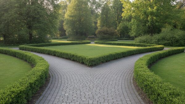 forward darlehen bild 4 Gepflasterte Weggabelung in einem Park, die sich in drei Wege zwischen niedrigen Hecken teilt