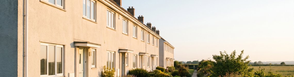 Ruhige Reihenhauszeile mit gepflegten Vorgärten im Morgenlicht