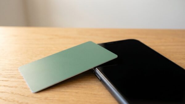 fressnapf friends bild 1 Unbedruckte grĂŒne Kundenkarte neben Smartphone mit schwarzem Bildschirm