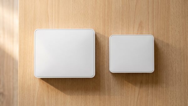 Zwei schlichte weiße Netzwerkgeräte unterschiedlicher Größe