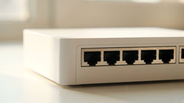 Rückseite eines Netzwerkgeräts mit unbeschrifteten Anschlussbuchsen