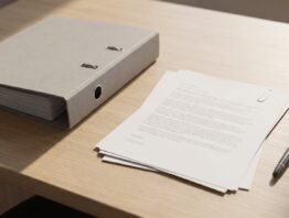 Geschlossener grauer Aktenordner und ein Papierstapel mit Füllfederhalter auf einem hellen Schreibtisch