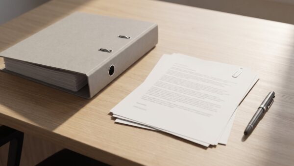 fruehstart rente bild 1 Geschlossener grauer Aktenordner und ein Papierstapel mit Füllfederhalter auf einem hellen Schreibtisch
