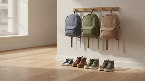 fruehstart rente bild 2 Drei Kinderrucksäcke unterschiedlicher Größe an einer Garderobe, darunter drei Paar Kinderschuhe
