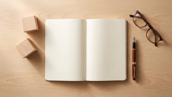 Leeres Notizbuch mit Füller, Brille und zwei Holzbausteinen