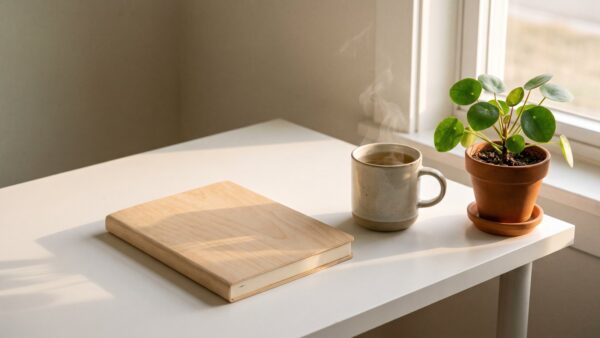 Schreibtisch am Fenster mit geschlossenem Notebook und Tee