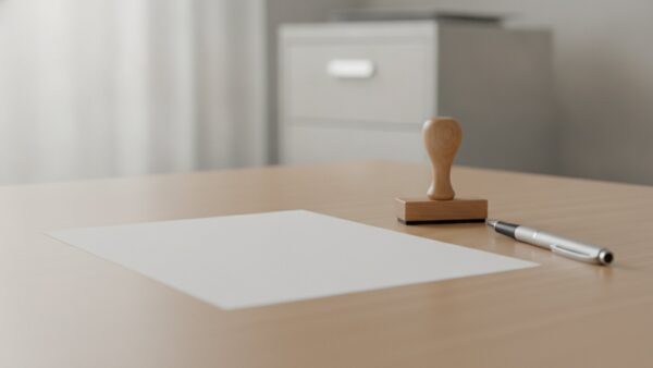 fuehrerschein umtausch bild 2 Amtsschreibtisch mit unbedrucktem Formular, Holzstempel und Kugelschreiber
