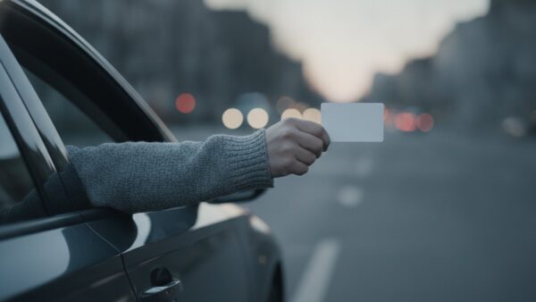 fuehrerschein umtausch bild 4 Arm reicht eine leere weiße Plastikkarte aus einem heruntergelassenen Autofenster