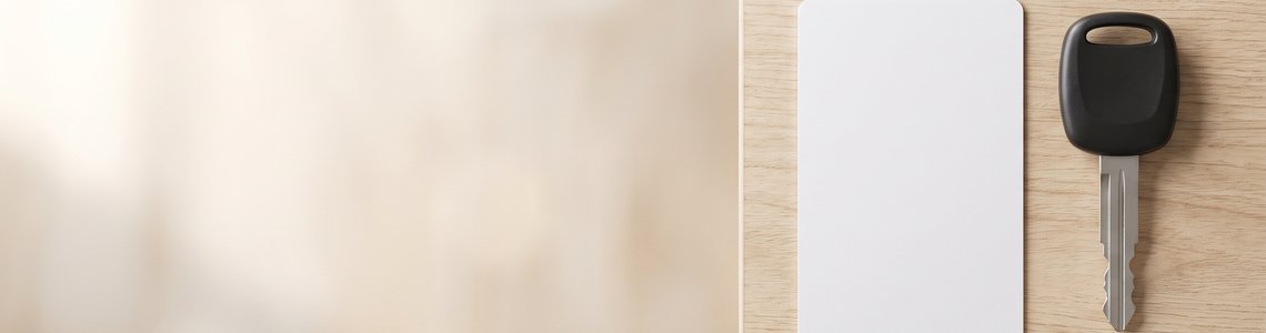 Leere weiße Plastikkarte neben einem Autoschlüssel auf einer hellen Holzplatte