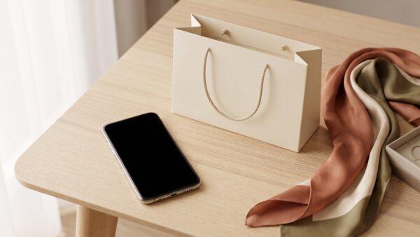 galeria plus bild 1 Smartphone mit leerem Bildschirm neben einer unbedruckten Einkaufstasche, einem Seidenschal und einer Schmuckschachtel