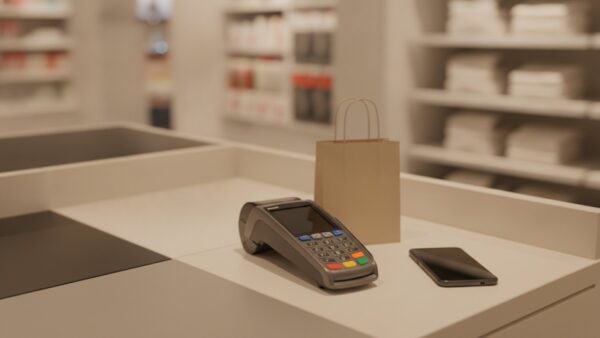 galeria plus bild 3 Kassentresen im Warenhaus mit Kartenterminal, Smartphone und Einkaufstasche