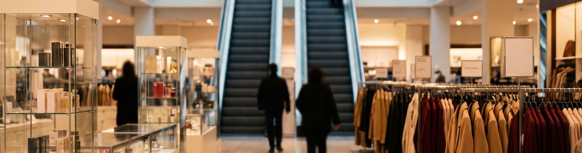 Heller Verkaufsraum eines Warenhauses mit Parfümvitrinen, Herbstmode und Rolltreppe