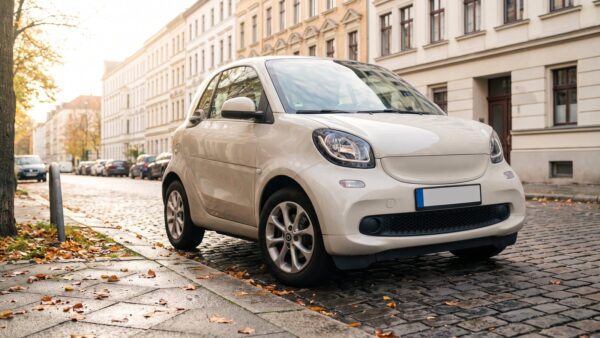 Kleiner Stadtwagen mit Ganzjahresreifen an einer nassen Wohnstraße mit Herbstlaub