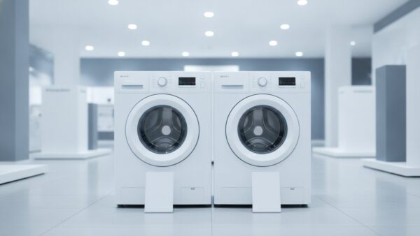 garantie label bild 4 Zwei neutrale Waschmaschinen nebeneinander in einem Fachmarkt mit leeren Infokärtchen