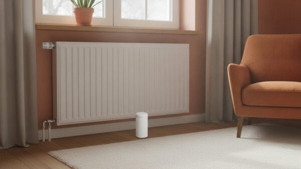 gaspreis winter 2026 bild 4 Weißer Heizkörper mit schlichtem Thermostatventil unter einem Fenster im Wohnraum