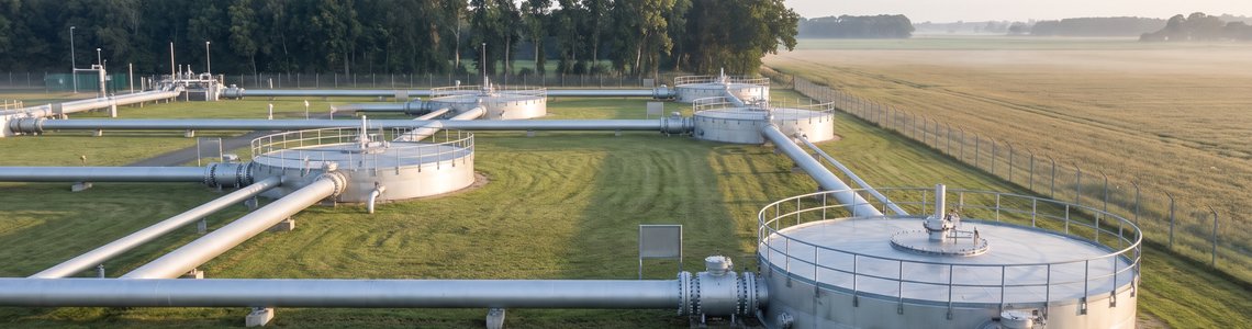 Rohrleitungen und Ventilstationen eines Gasspeichers in flacher Landschaft bei Morgennebel