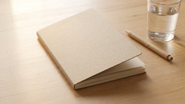 Leeres Notizheft mit Stift und Wasserglas auf hellem Holz