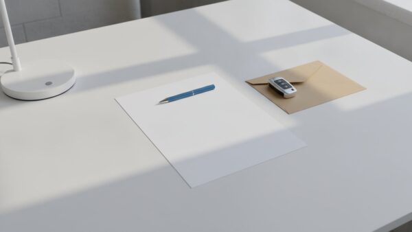 gebrauchtwagen kaufen bild 4 Leeres Vertragsformular mit Kugelschreiber, Autoschlüssel und Umschlag auf einem hellen Schreibtisch