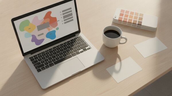 geburtstagseinladung vorlage gestalten Notebook mit Karten-Layout und Farbmusterfächer für die Gestaltung einer Geburtstagseinladung