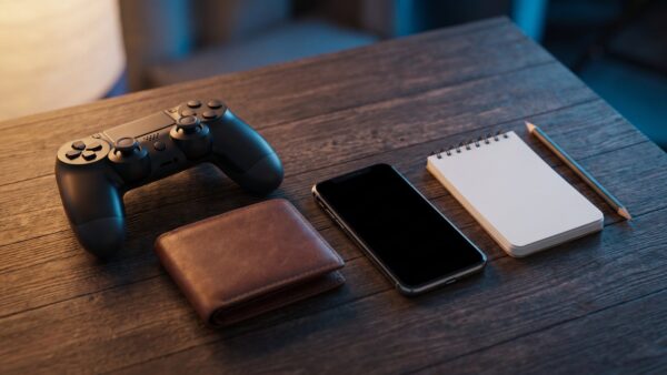 Gamecontroller, Portemonnaie und Smartphone auf einem dunklen Holztisch als Symbol für die Kosten von Cloud-Gaming
