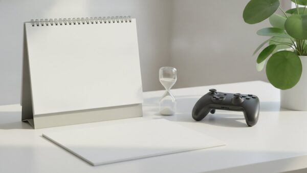 Unbeschrifteter Kalender, Sanduhr und Gamecontroller auf einem hellen Schreibtisch