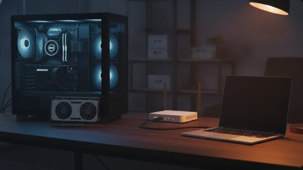 Offener Gaming-PC mit ausgebauter Grafikkarte neben einem dünnen Laptop und einem WLAN-Router