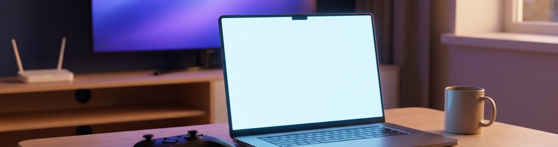 Laptop und Gamecontroller auf einem Wohnzimmertisch, im Hintergrund ein Fernseher und ein WLAN-Router