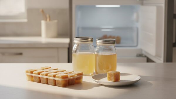 Portionierte Gemüsebrühe in Eiswürfelform und Gläsern zum Haltbarmachen