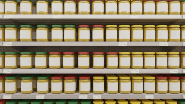 Supermarktregal mit Schraubgläsern voller Brühepulver und unbeschrifteten Etiketten