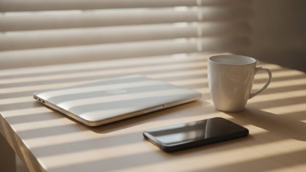 ghost pairing bild 2 Aufgeräumter Schreibtisch mit geschlossenem Laptop und Smartphone im Streifenlicht einer Jalousie