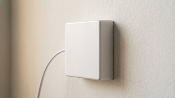 glasfaser modem ont bild 1 Kleines weißes Wandkästchen mit seitlich eingeführtem Kabel