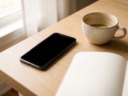 gmail gehackt bild 1 Ausgeschaltetes Smartphone neben Kaffeetasse und leerem Notizbuch auf einem Küchentisch