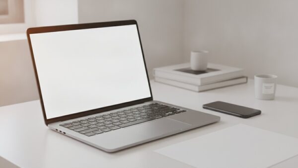 gmail gehackt bild 3 Laptop mit leerem Bildschirm, Smartphone und leeres Blatt Papier auf einem Schreibtisch zu Hause