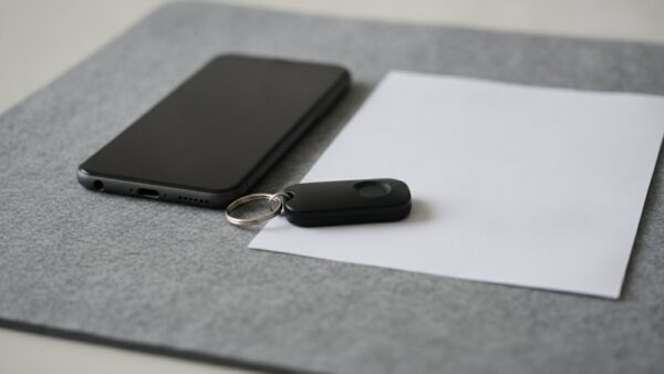 gmail gehackt bild 4 Hardware-SicherheitsschlĂŒssel am SchlĂŒsselring neben einem Smartphone auf einer Filzunterlage