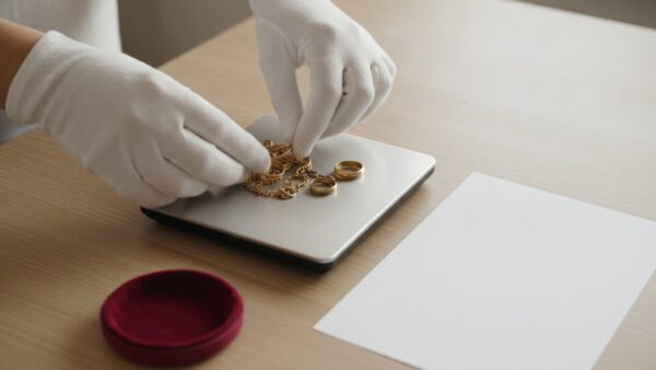 gold verkaufen ankauf Haende mit weissen Handschuhen wiegen Altgold beim Goldankauf auf einer Waage