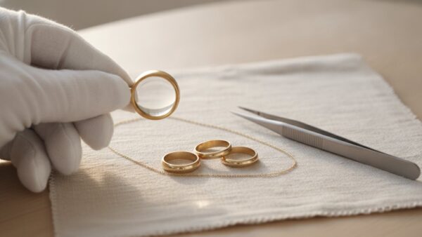 gold verkaufen punzen Juwelierlupe ĂĽber Goldringen und Goldkette zur Pruefung von Punzen und Feingehalt