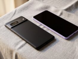 Google Pixel 10a in Schwarz und Lavendel auf einem hellgrauen Leinentuch