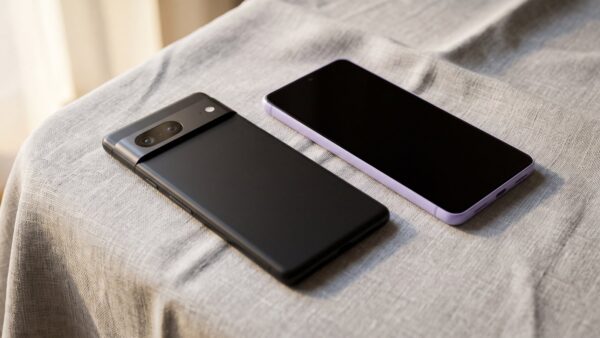Google Pixel 10a in Schwarz und Lavendel auf einem hellgrauen Leinentuch