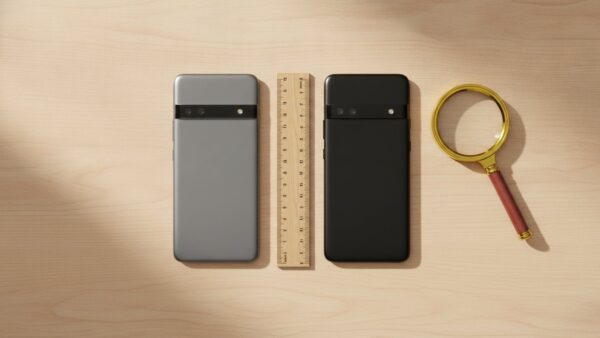 Zwei fast baugleiche Smartphones nebeneinander mit Lupe – Pixel 9a und Pixel 10a im Vergleich