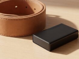 Aufgerolltes Lederhalsband neben einem kleinen schwarzen Gehäuse ohne Beschriftung