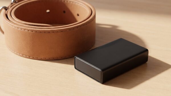 Aufgerolltes Lederhalsband neben einem kleinen schwarzen Gehäuse ohne Beschriftung