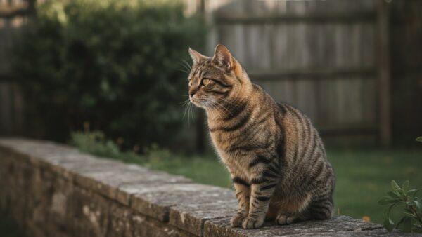 Getigerte Hauskatze sitzt auf einer niedrigen Natursteinmauer im Garten